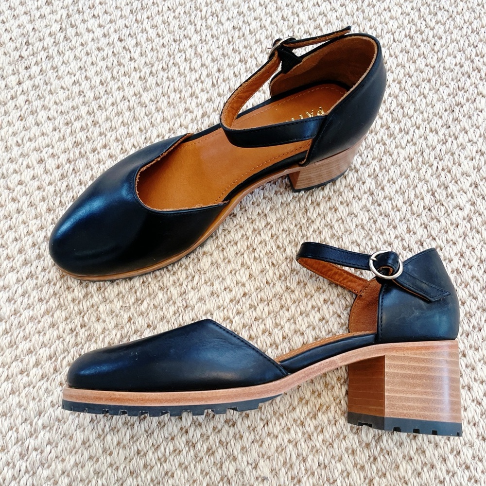 Portland Leather Patina Black Leather Block Heel Mary Jane Sandals